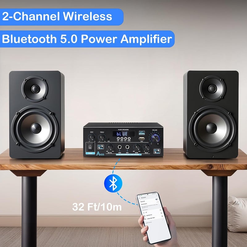 WOOPKER AK55 Stereo Amplifier Home Audio, Bluetooth 5.0 Max 450W Power Stereo Receivers 2.0 Channel Audio Amplifier for Speaker W/Remote Control/AUX/RCA/Echo/USB/2 MIC in for Home Party, Karaoke - Image 2